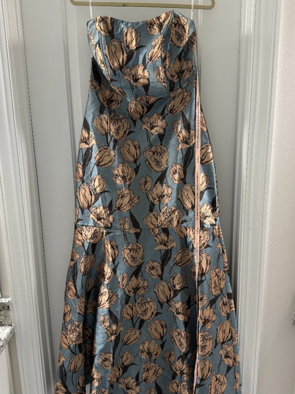 Lulus Gowning Around Slate Blue Floral Jacquard Strapless Maxi Dress – Size L